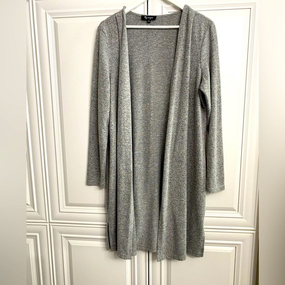 Lily Morgan Women’s Size Large Long Open Front Cardigan Sweater in Grey Top